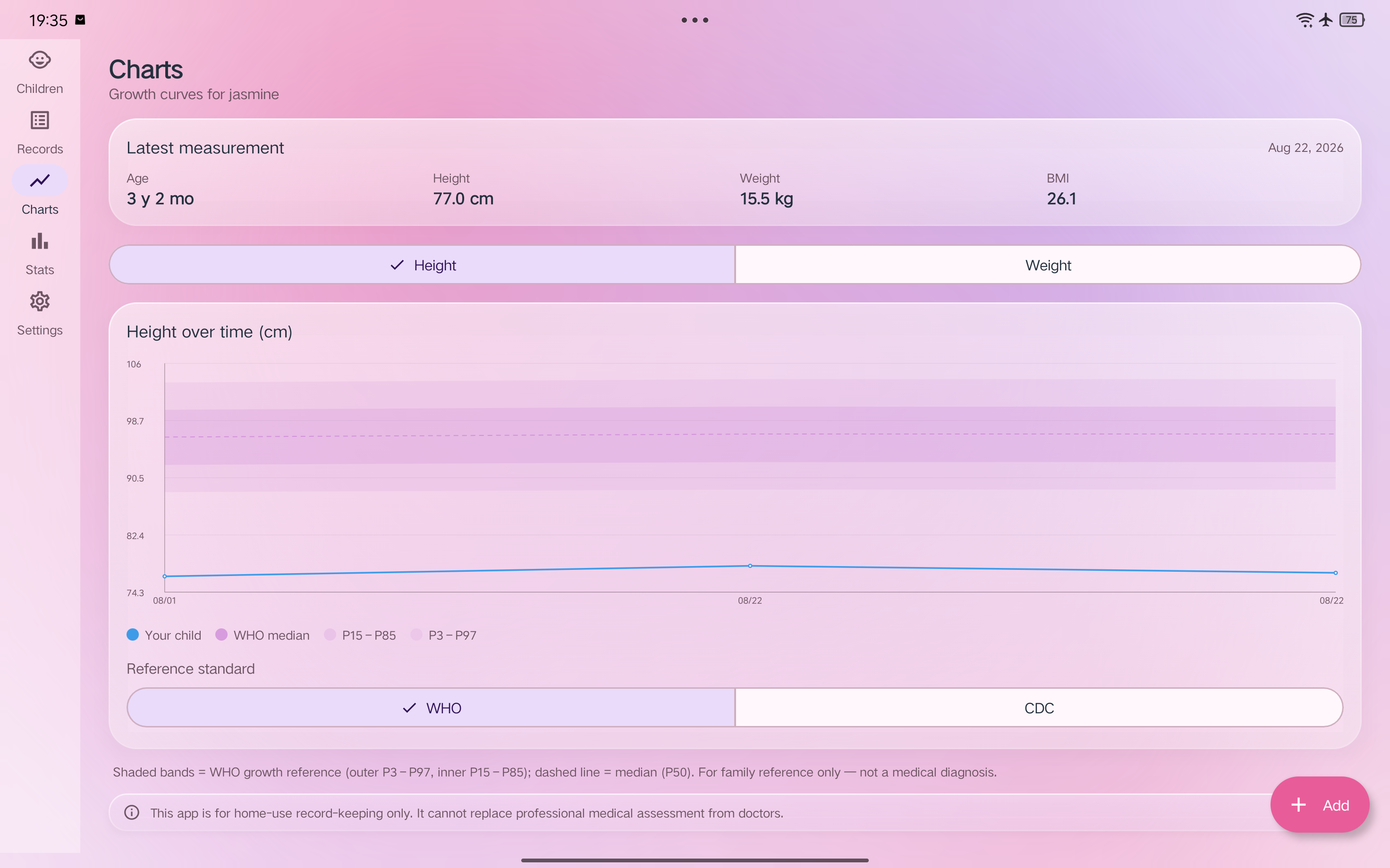 Growth Tracker running on a tablet